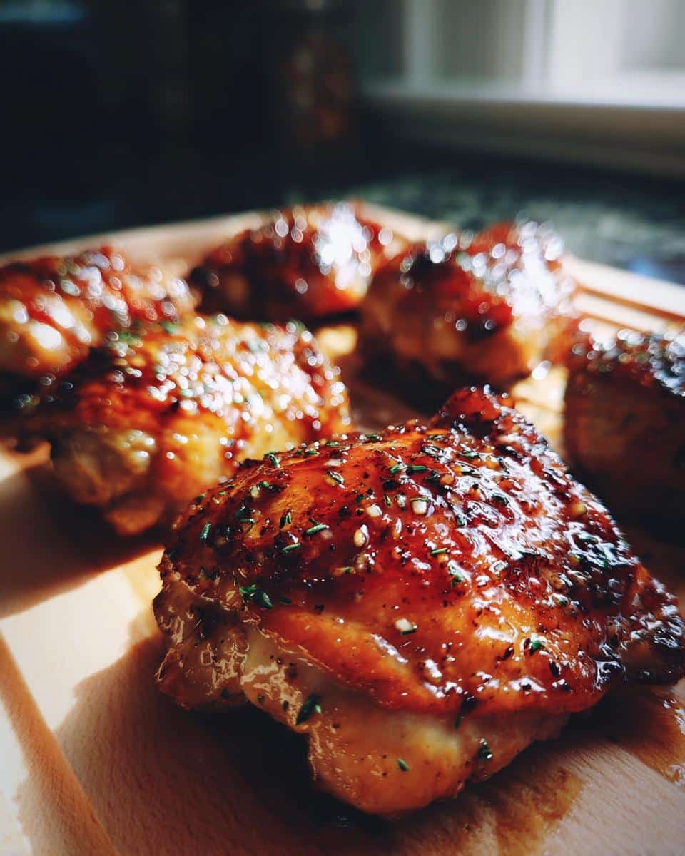 Honey Garlic Chicken Thighs: Foolproof 30-Minute Meal 8 Close-up of glazed Honey Garlic Chicken Thighs on a wooden board, garnished with herbs.