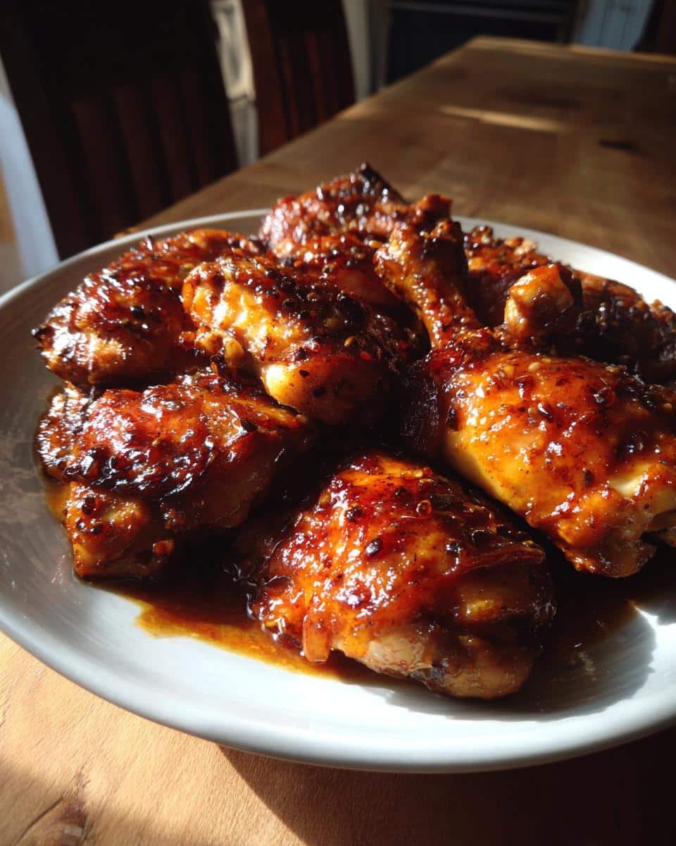 Irresistible Honey Garlic Chicken Thighs in Just 40 Minutes 6 A plate of glistening Honey Garlic Chicken Thighs, showcasing their rich glaze and juicy texture.