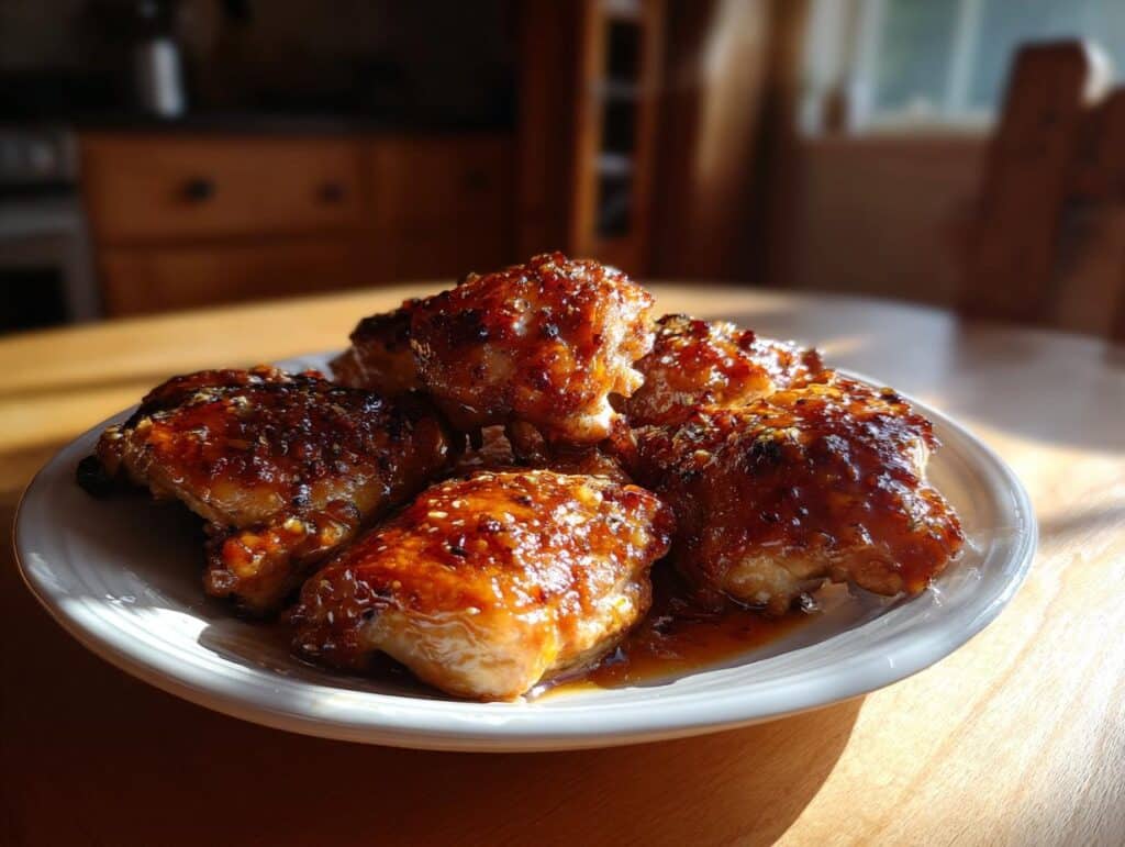 A plate of glazed Honey Garlic Chicken Thighs, glistening with sauce and sprinkled with sesame seeds.
