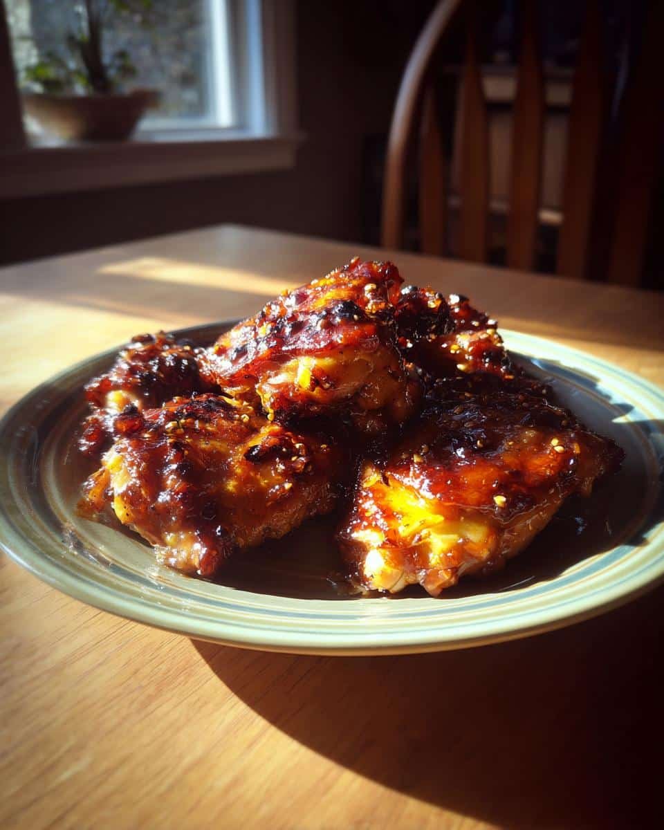 Irresistible Honey Garlic Chicken Thighs in Just 40 Minutes 8 A plate of glazed Honey Garlic Chicken Thighs, glistening with sauce and sprinkled with sesame seeds.