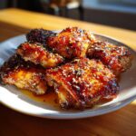 A plate of glazed Honey Garlic Chicken Thighs, sprinkled with sesame seeds, sits on a wooden table.
