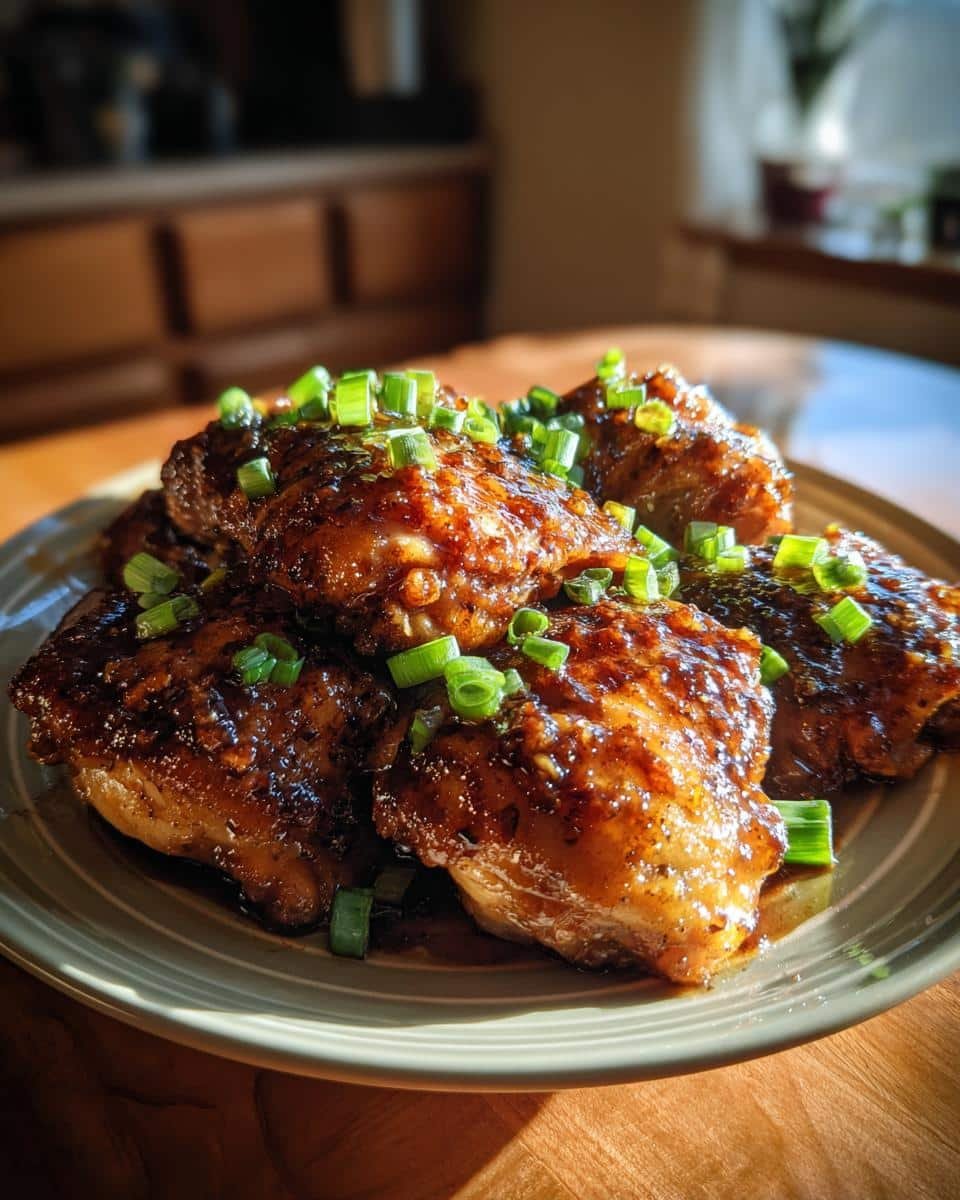 Irresistible Honey Garlic Chicken Thighs in Just 40 Minutes 9 A plate of glazed Honey Garlic Chicken Thighs, garnished with chopped green onions.