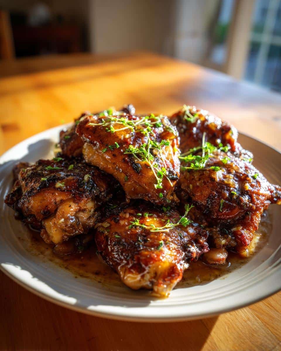 Irresistible Honey Garlic Chicken Thighs in Just 40 Minutes 7 A plate of glazed Honey Garlic Chicken Thighs, garnished with fresh herbs, ready to serve.