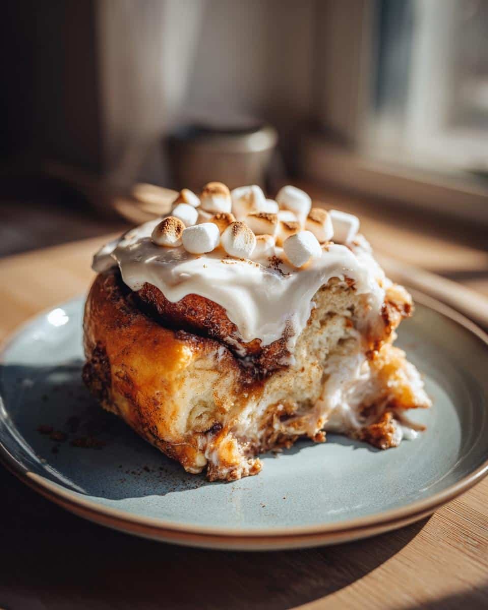 Unbelievable Hot Cocoa Cinnamon Rolls: Bake 12! 6 A single Hot Cocoa Cinnamon Roll on a plate, topped with frosting and toasted marshmallows.