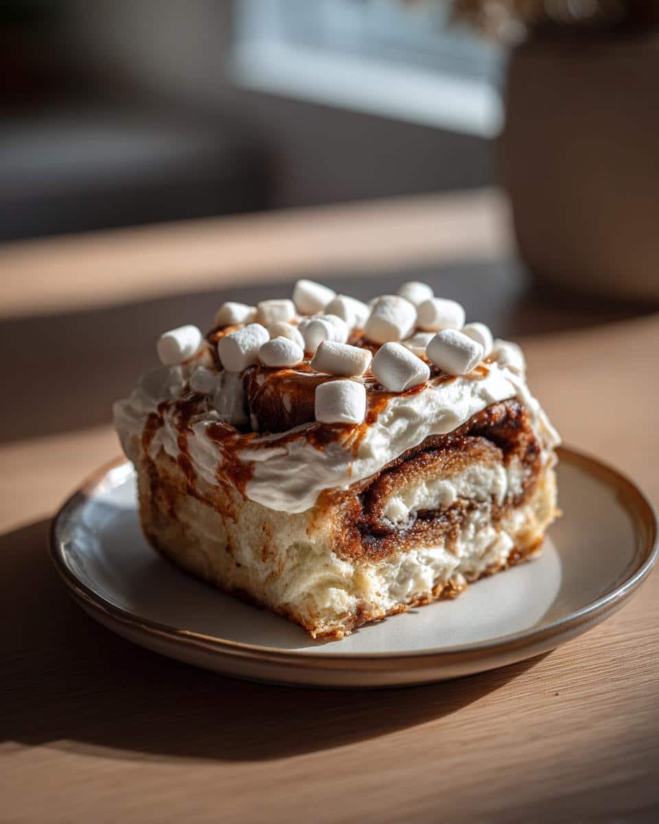 Unbelievable Hot Cocoa Cinnamon Rolls: Bake 12! 7 A single Hot Cocoa Cinnamon Roll topped with frosting and marshmallows on a plate, ready to eat.