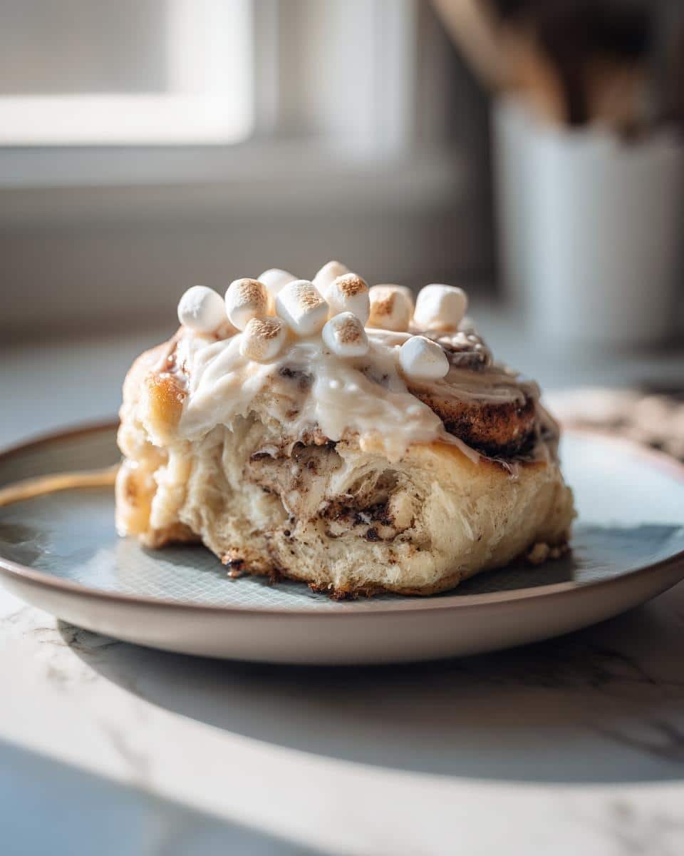 Unbelievable Hot Cocoa Cinnamon Rolls: Bake 12! 8 A single hot cocoa cinnamon roll on a plate, topped with frosting and toasted marshmallows.