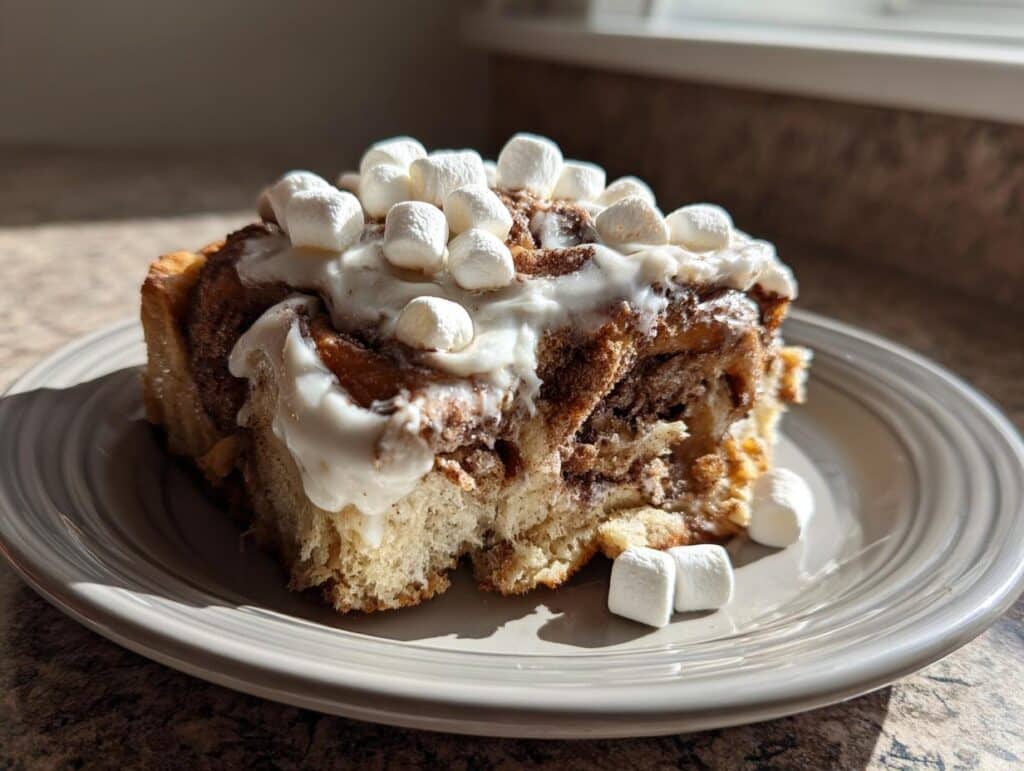 A single Hot Cocoa Cinnamon Roll on a plate, topped with frosting and mini marshmallows.