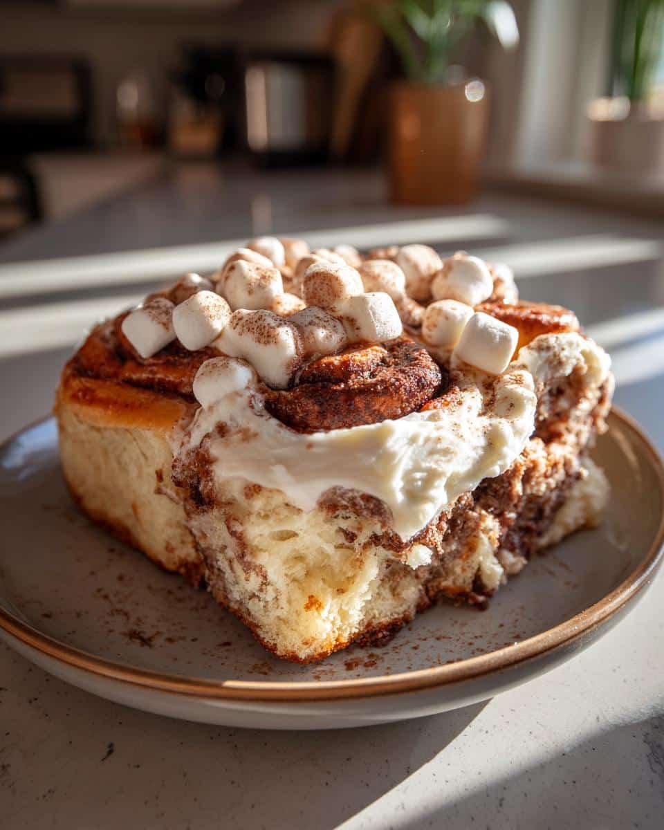 Unbelievable Hot Cocoa Cinnamon Rolls: Bake 12! 9 Close-up of a Hot Cocoa Cinnamon Roll topped with frosting and mini marshmallows dusted with cocoa powder.