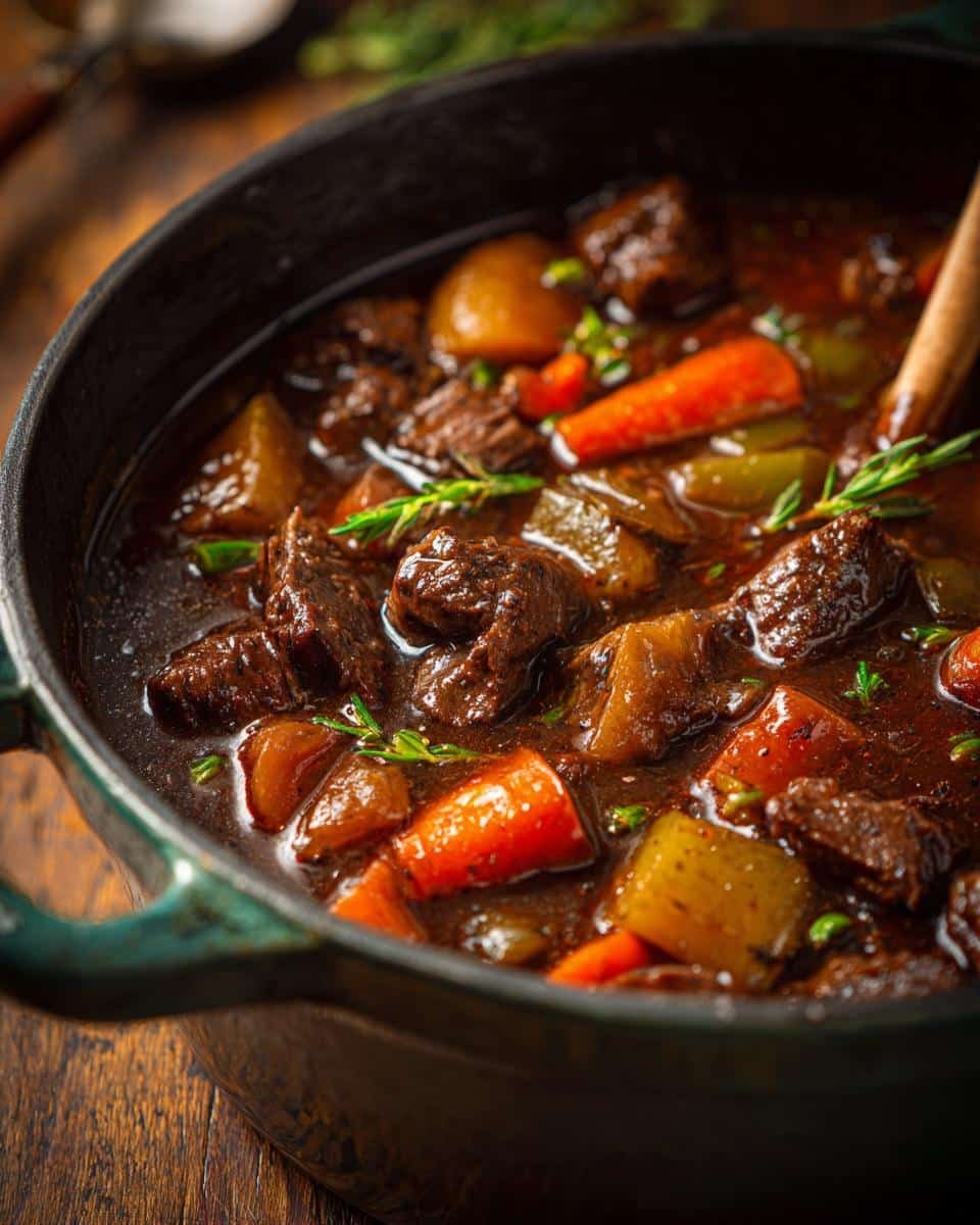 Hearty Irish Vegetarian Stew: Grandma's Stew, Improved 9 Close-up of a pot of Hearty Irish Vegetarian Stew with carrots, potatoes, and herbs.