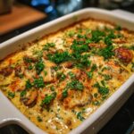 Delicious Keto Garlic Mushroom Chicken Casserole in a white baking dish, garnished with parsley.