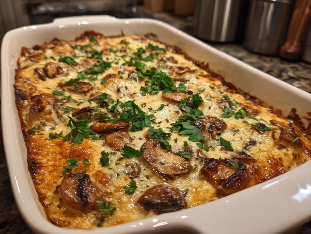 A freshly baked Keto Garlic Mushroom Chicken Casserole in a white baking dish, garnished with parsley.