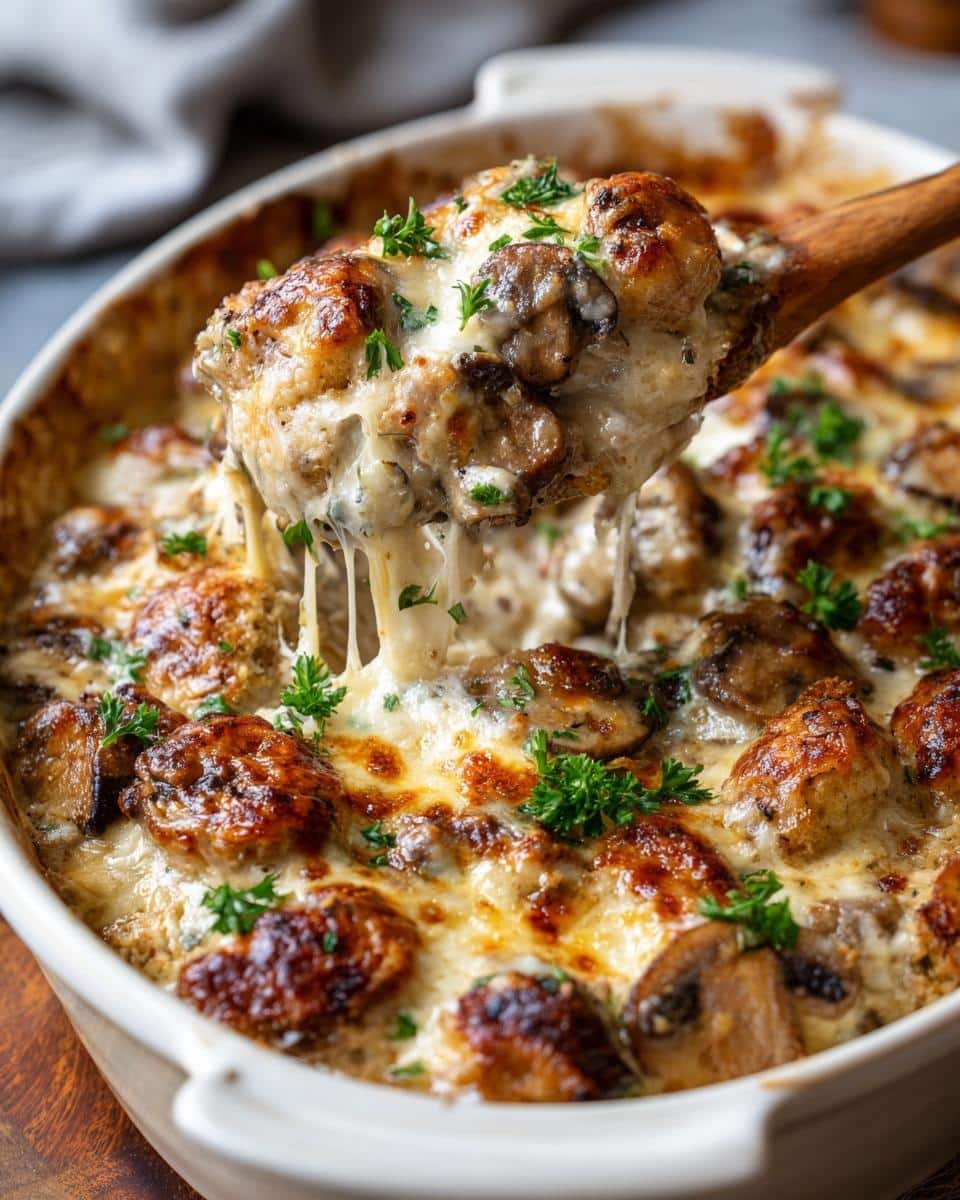 Keto Garlic Mushroom Chicken Casserole: Unforgivably Good 6 Close up of Keto Garlic Mushroom Chicken Casserole being lifted with a wooden spoon, showing cheese pull.