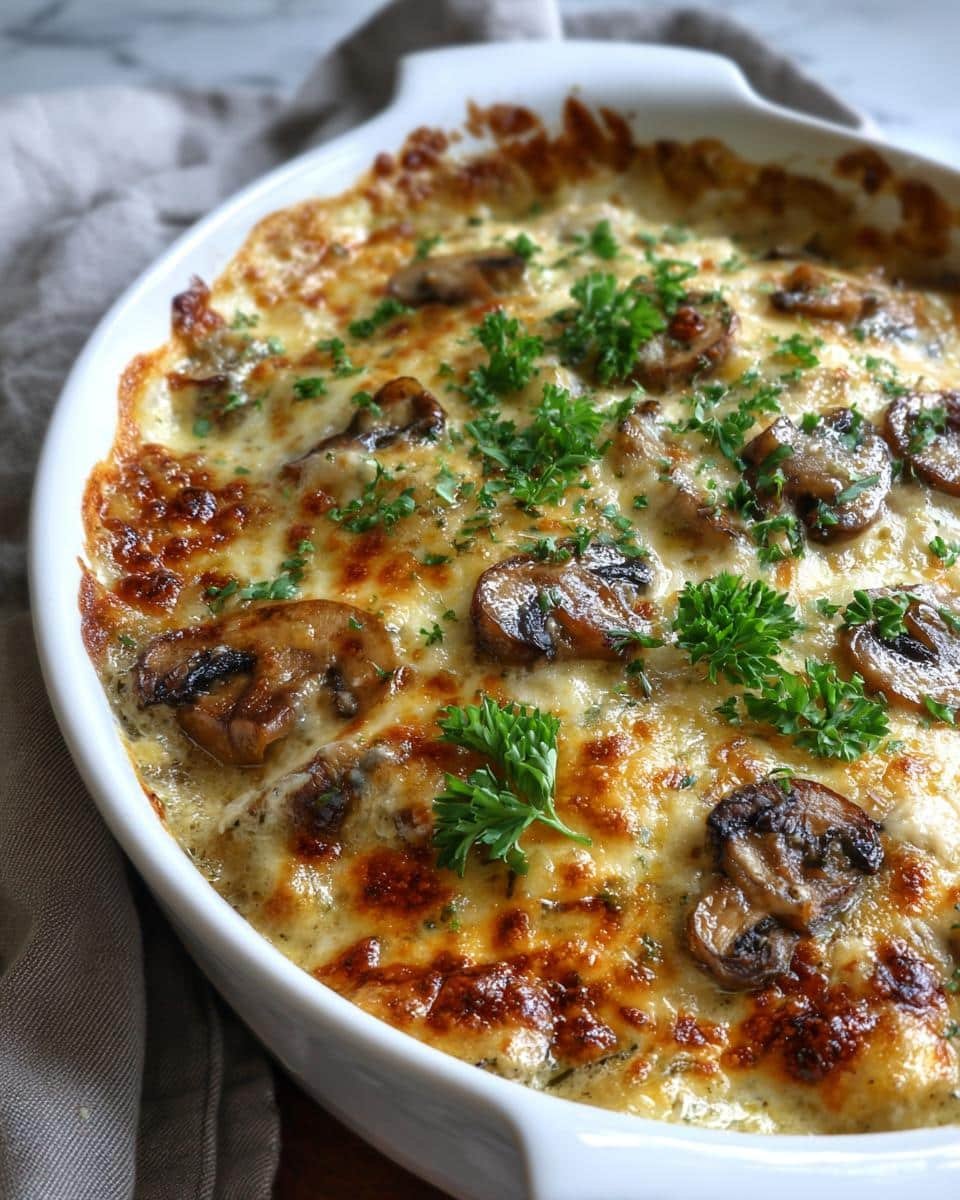 Keto Garlic Mushroom Chicken Casserole: Unforgivably Good 7 Close-up of Keto Garlic Mushroom Chicken Casserole in a white baking dish, topped with mushrooms and parsley.