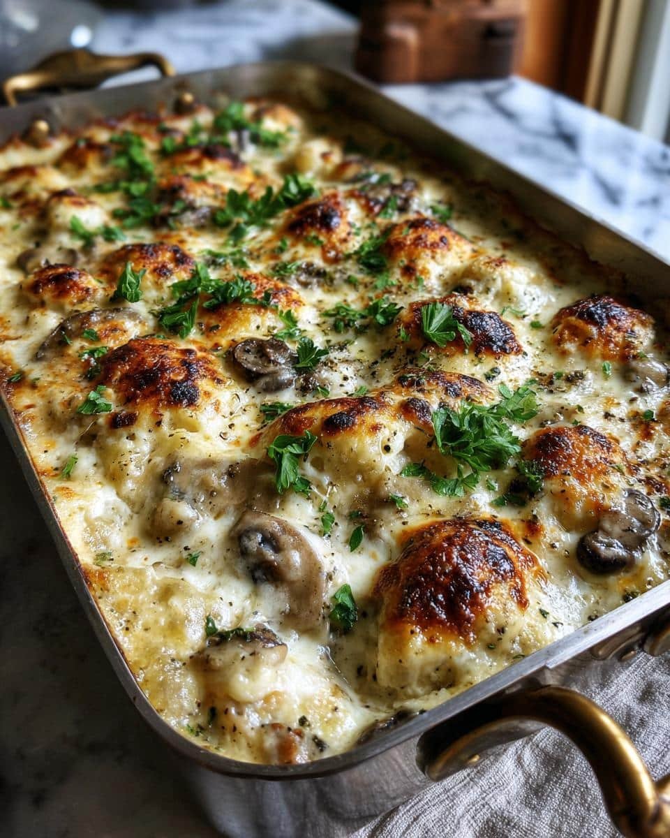 Keto Garlic Mushroom Chicken Casserole: Unforgivably Good 8 Overhead view of a Keto Garlic Mushroom Chicken Casserole in a baking dish, topped with cheese and parsley.