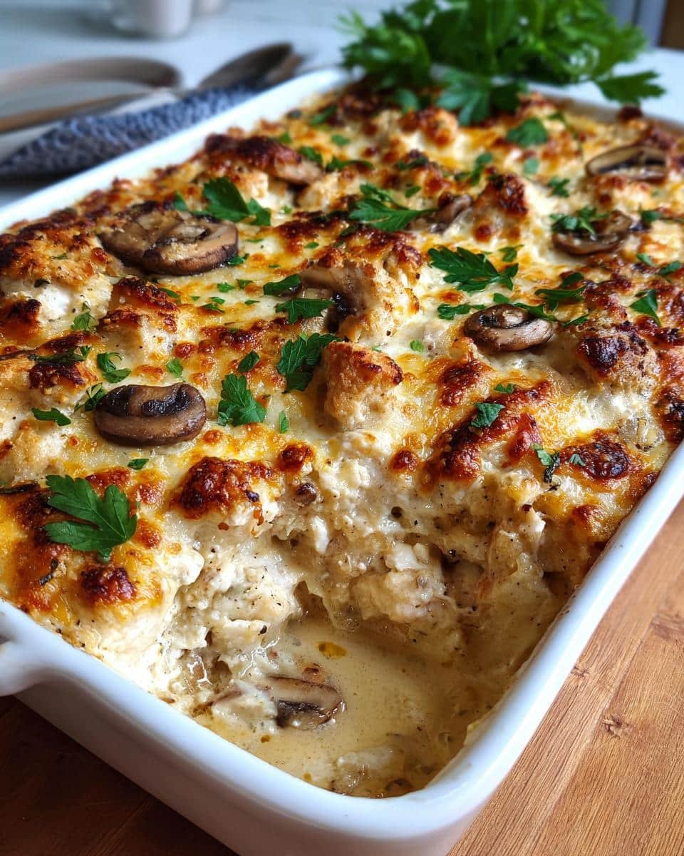 Keto Garlic Mushroom Chicken Casserole: Unforgivably Good 9 Close-up of Keto Garlic Mushroom Chicken Casserole in a white baking dish, topped with mushrooms and parsley.