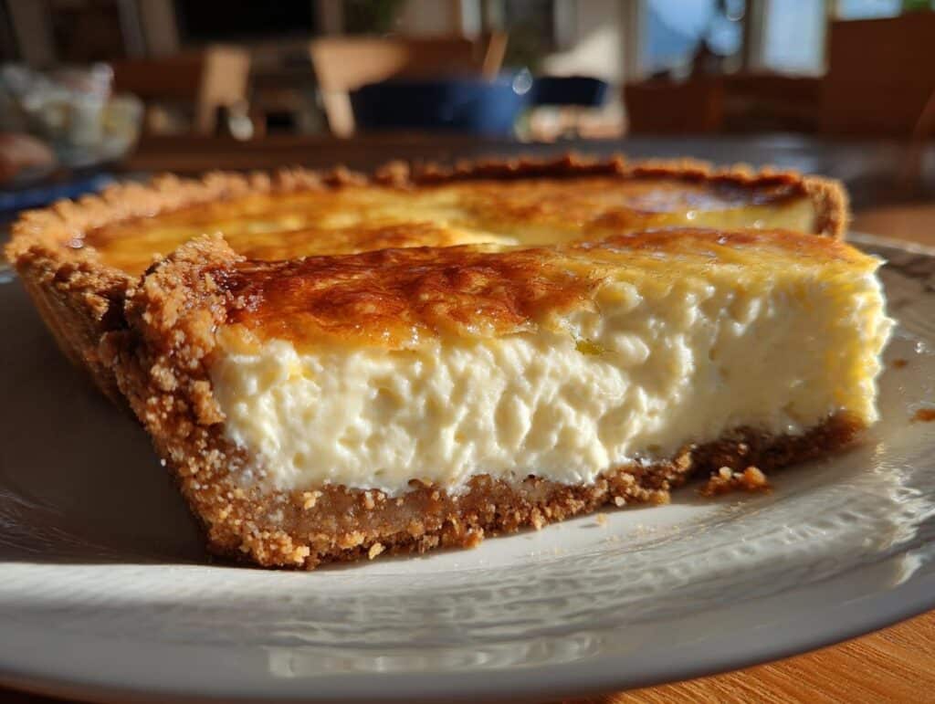 A delicious slice of Lemon Cheesecake Tart with a graham cracker crust on a white plate.