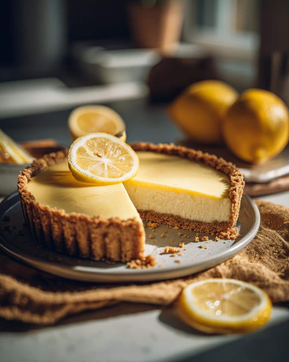 Perfect Lemon Cheesecake Tart: a Sinful Recipe 6 A freshly baked Lemon Cheesecake Tart with a slice cut out, topped with a lemon slice and surrounded by lemons.