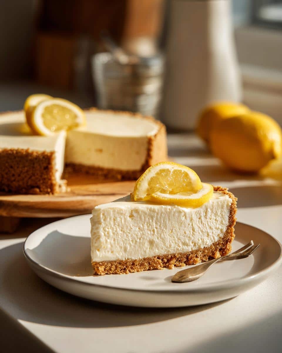 Perfect Lemon Cheesecake Tart: a Sinful Recipe 7 A slice of Lemon Cheesecake Tart on a plate, garnished with lemon slices and a fork.