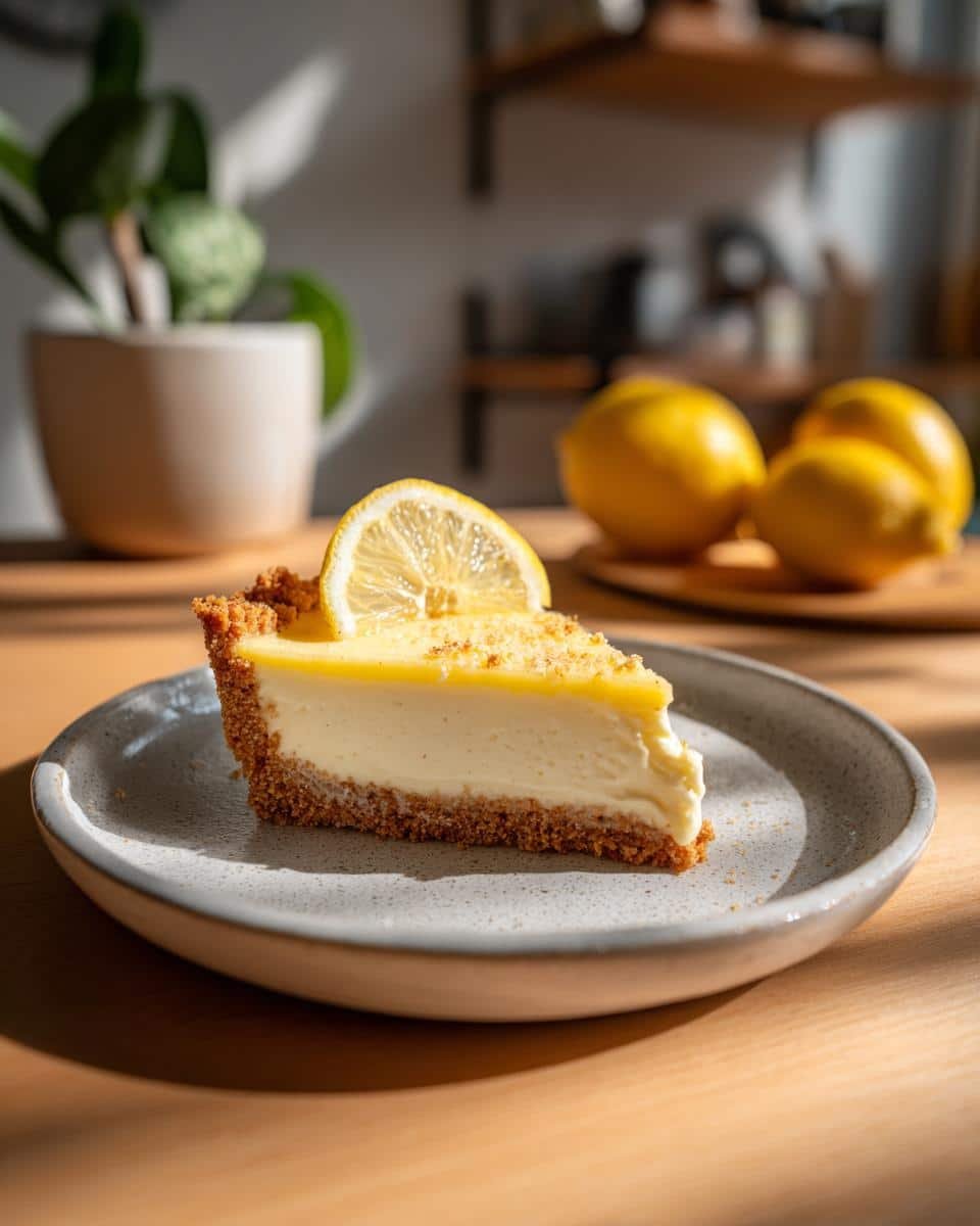Perfect Lemon Cheesecake Tart: a Sinful Recipe 8 A delicious slice of Lemon Cheesecake Tart on a plate, garnished with a lemon slice.
