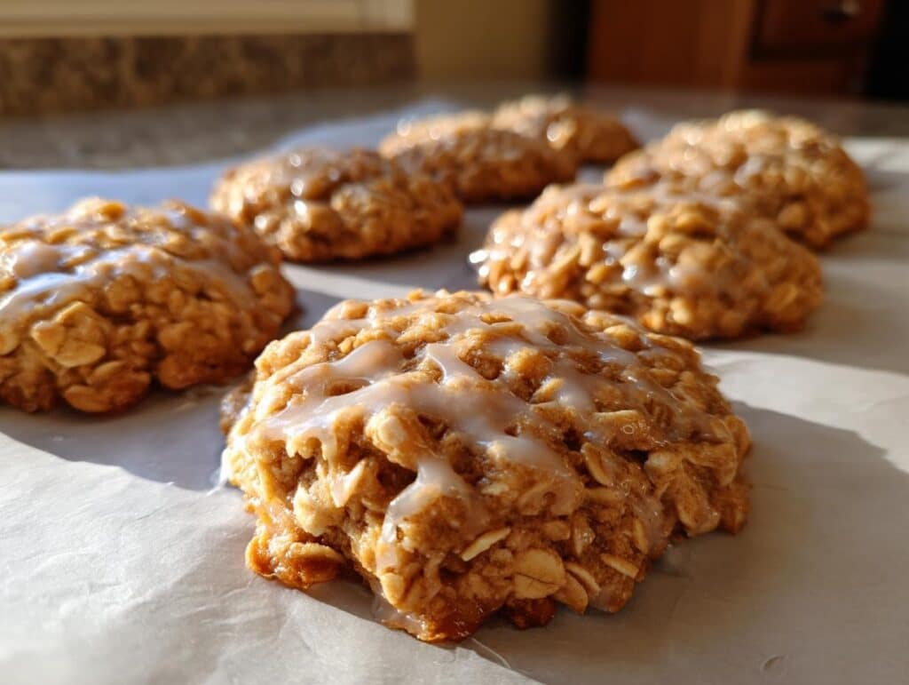 Freshly made Lemon Oatmeal No-Bake Cookies cooling on parchment paper, glazed with lemon icing.