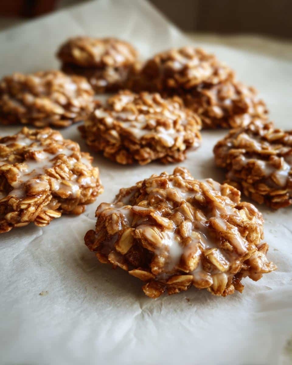 Easy Lemon Oatmeal No-Bake Cookies: 10-Minute Bliss 6 Several lemon oatmeal no-bake cookies with a sweet glaze, arranged on parchment paper.