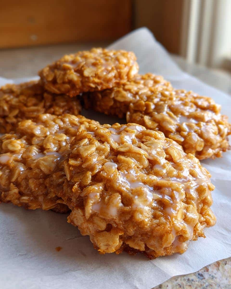Easy Lemon Oatmeal No-Bake Cookies: 10-Minute Bliss 7 A close-up of several Lemon Oatmeal No-Bake Cookies with a glaze on parchment paper.
