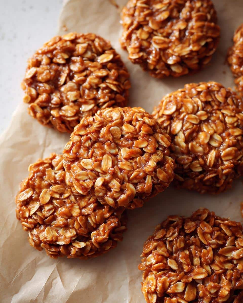 Easy Lemon Oatmeal No-Bake Cookies: 10-Minute Bliss 8 A close-up of several Lemon Oatmeal No-Bake Cookies on parchment paper, showcasing their texture and golden color.