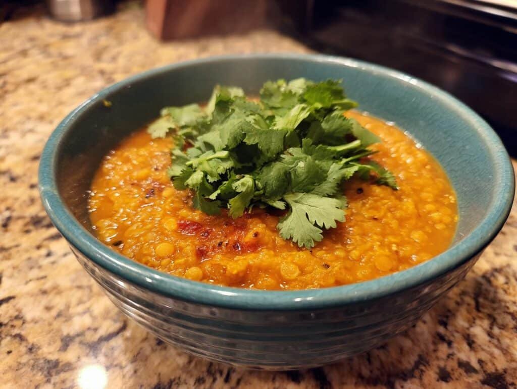 A vibrant bowl of Lentil Curry, garnished with fresh cilantro, ready to be served.