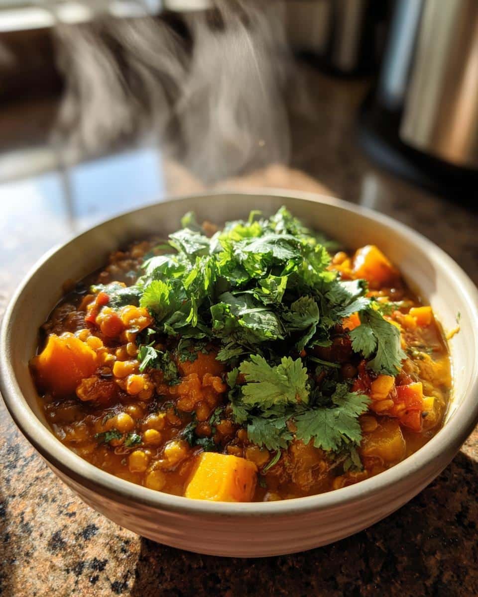 Delicious Lentil Curry: An Incredibly Easy Recipe 8 A bowl of steaming Lentil Curry topped with fresh cilantro, showcasing its vibrant colors and textures.