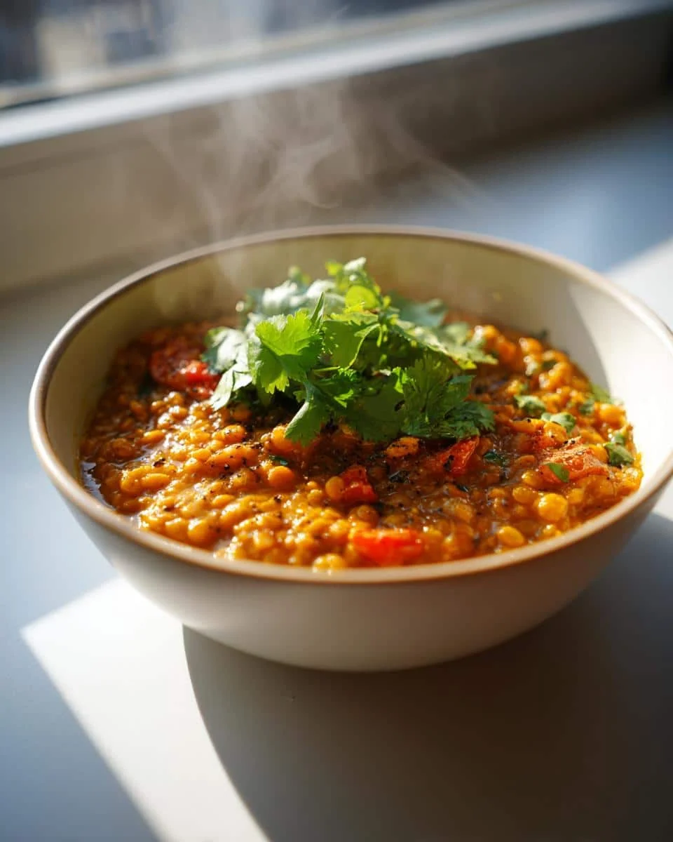 Delicious Lentil Curry: An Incredibly Easy Recipe 6 A bowl of steaming lentil curry, garnished with fresh cilantro, sits in a beam of sunlight.