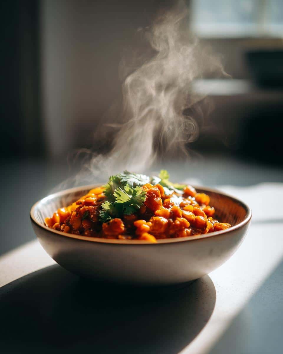 Delicious Lentil Curry: An Incredibly Easy Recipe 7 A bowl of steaming lentil curry, garnished with fresh cilantro, sits in a ray of sunlight.