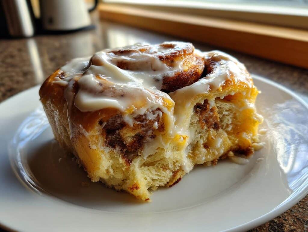 A single Lotus Biscoff Cinnamon Roll with icing on a white plate, showcasing its layers and texture.