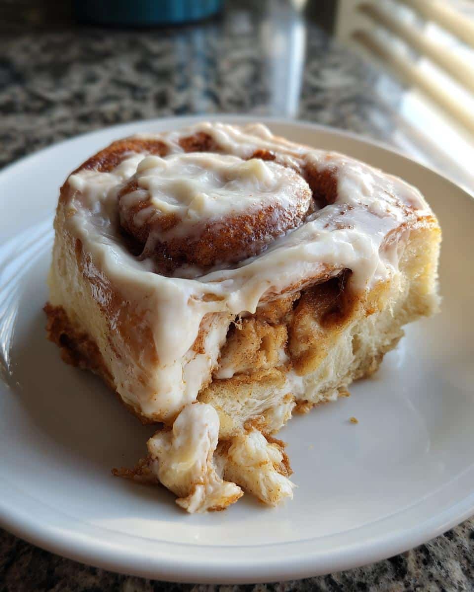 Heavenly 12 Lotus Biscoff Cinnamon Rolls Recipe 7 Close-up of a single Lotus Biscoff Cinnamon Roll with white icing on a white plate, partially eaten.