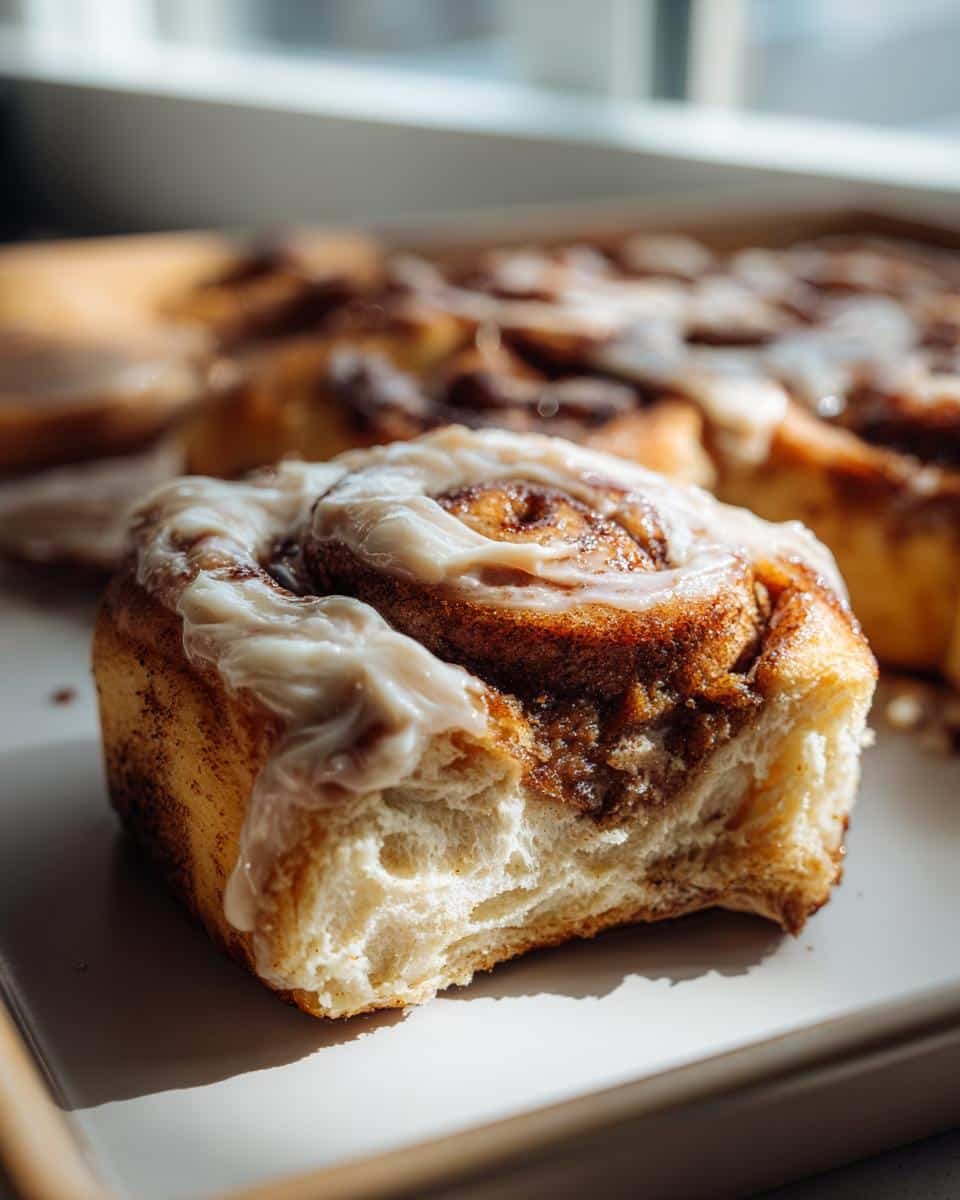 Heavenly 12 Lotus Biscoff Cinnamon Rolls Recipe 9 Close-up of a glazed Lotus Biscoff Cinnamon Roll with a bite taken out, revealing the soft layers and cinnamon filling.