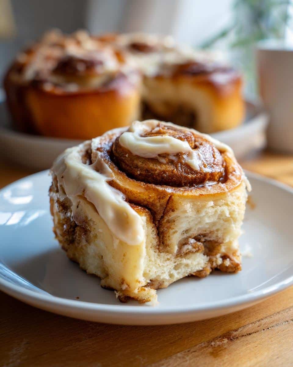 Heavenly 12 Lotus Biscoff Cinnamon Rolls Recipe 8 A single Lotus Biscoff Cinnamon Roll with icing on a white plate, with more rolls in the background.