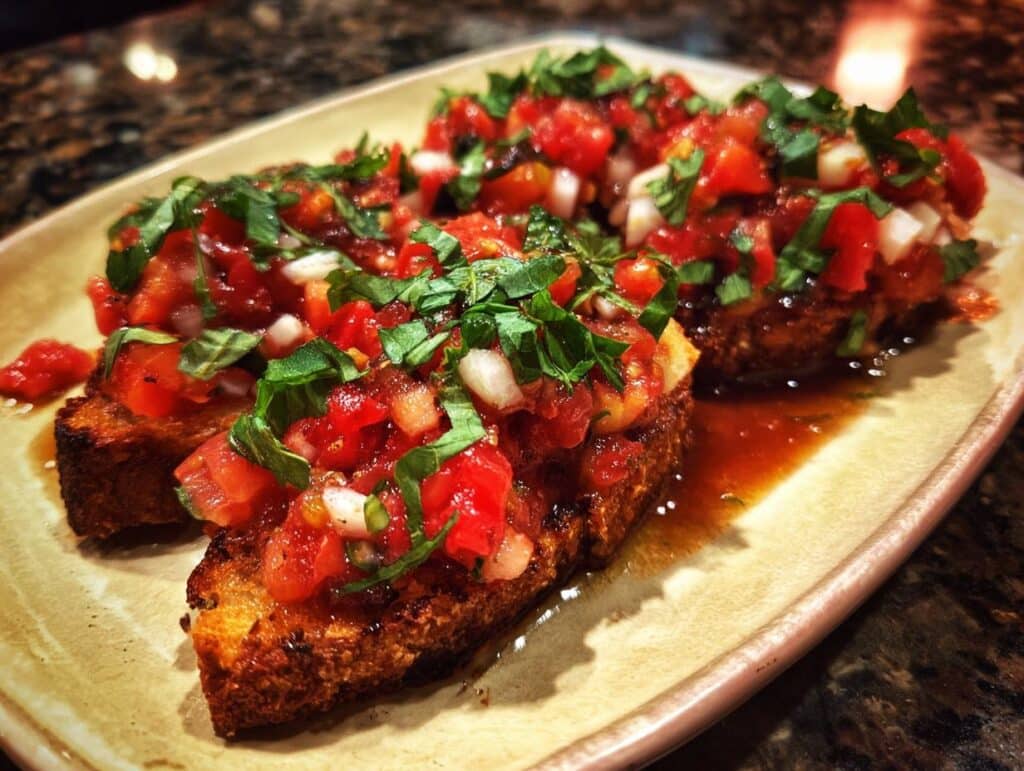 Close-up of Low Carb Aubergine Bruschetta topped with tomatoes, onions, and herbs on a plate.