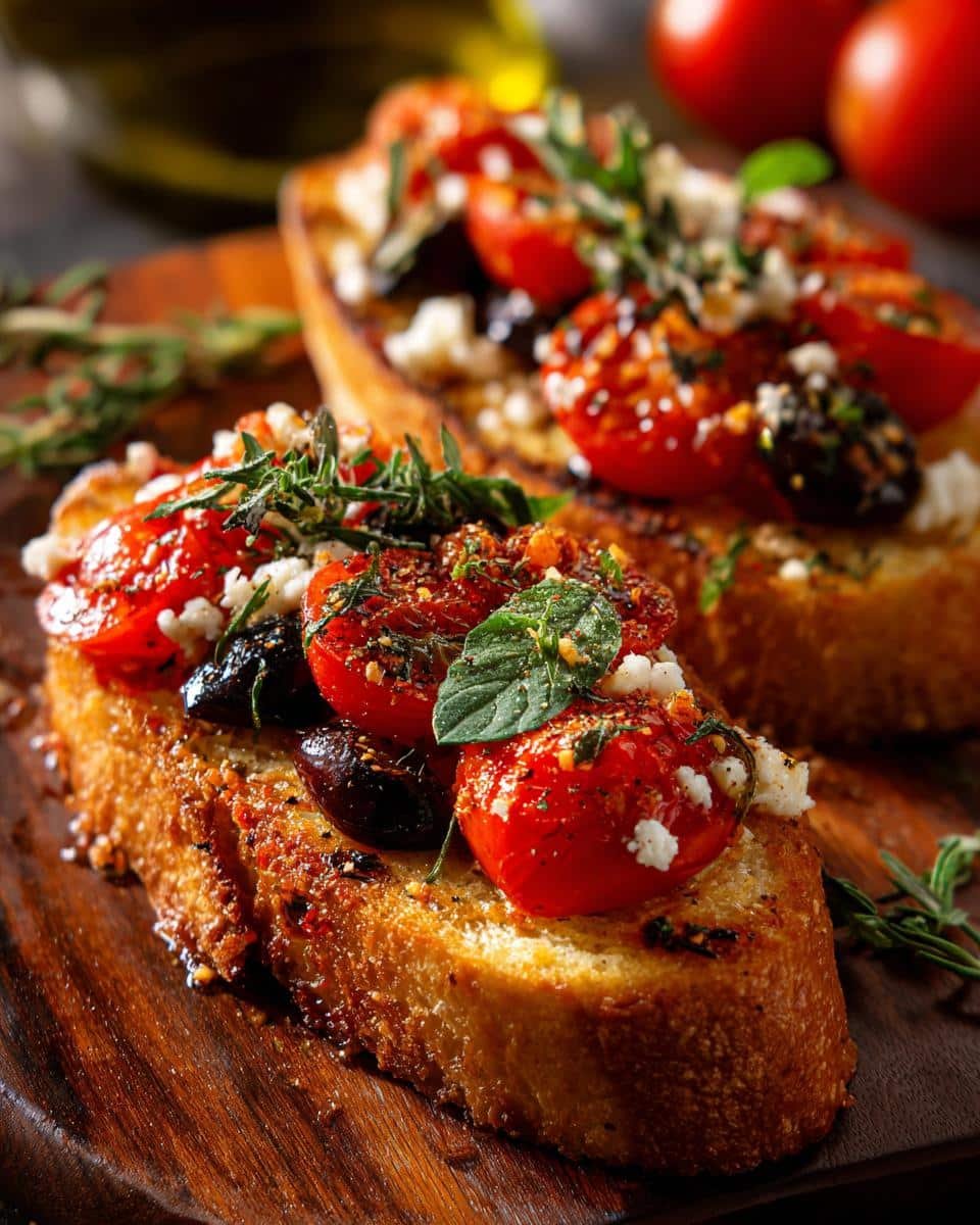 Delicious Low Carb Aubergine Bruschetta: Just 2 Steps 7 Two slices of Low Carb Aubergine Bruschetta topped with tomatoes, olives, cheese, and herbs on a wooden board.