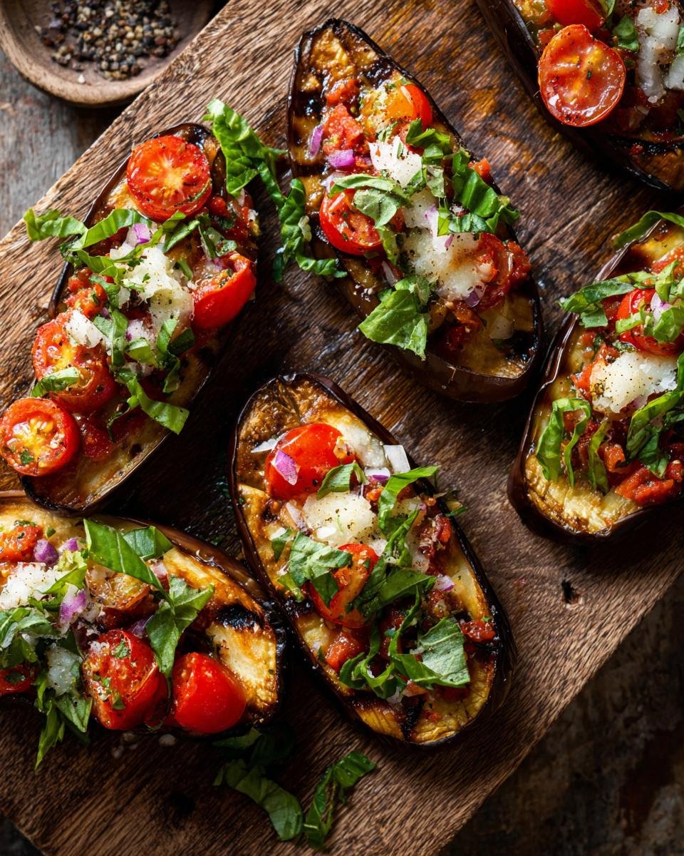 Delicious Low Carb Aubergine Bruschetta: Just 2 Steps 8 Overhead shot of Low Carb Aubergine Bruschetta on a wooden board, topped with tomatoes, basil, and red onion.