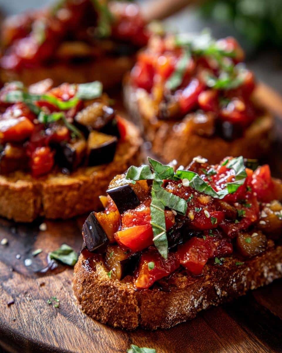 Delicious Low Carb Aubergine Bruschetta: Just 2 Steps 6 Close-up of Low Carb Aubergine Bruschetta on toasted bread, topped with tomatoes and basil.