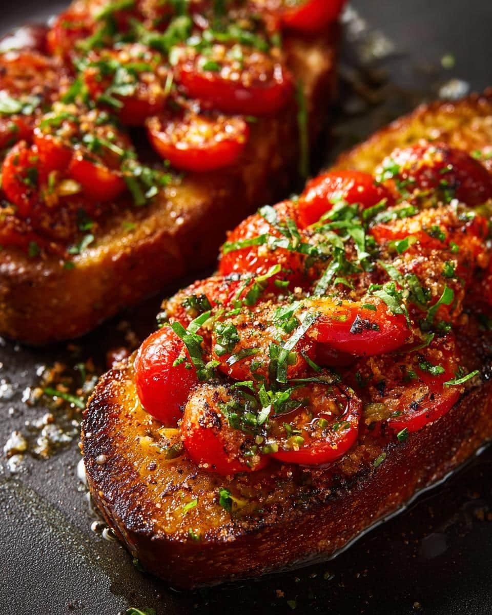 Delicious Low Carb Aubergine Bruschetta: Just 2 Steps 9 Close-up of Low Carb Aubergine Bruschetta topped with sliced tomatoes and fresh herbs.