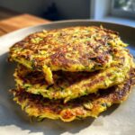 A stack of three golden-brown Easy Low Carb Zucchini Tortillas on a plate, showing their textured surface.