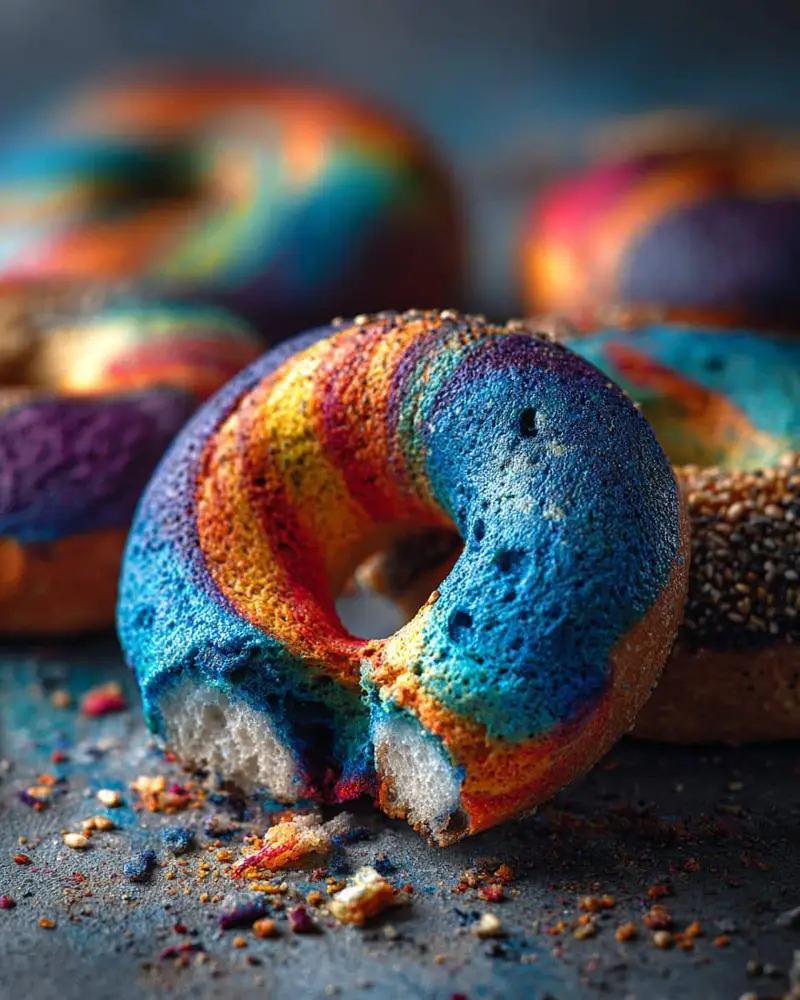 Failed Marbled Blueberry Bagels? Simple Fix 7 Close-up of a vibrant, rainbow-colored Marbled Blueberry Bagel with a bite taken out of it, showing the white interior.
