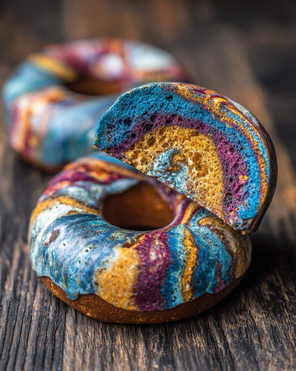 Failed Marbled Blueberry Bagels? Simple Fix 9 Cut Marbled Blueberry Bagels showing colorful blue, purple, and yellow swirls inside.