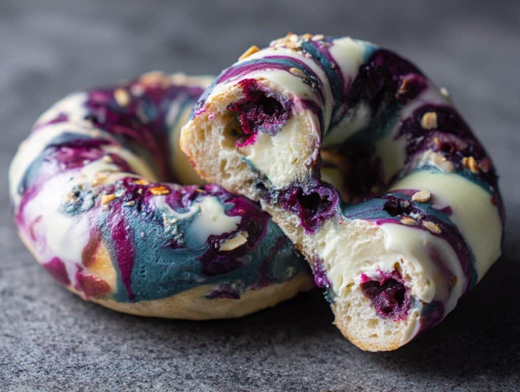 A halved marbled blueberry bagel showing the vibrant swirls of color and blueberry filling.