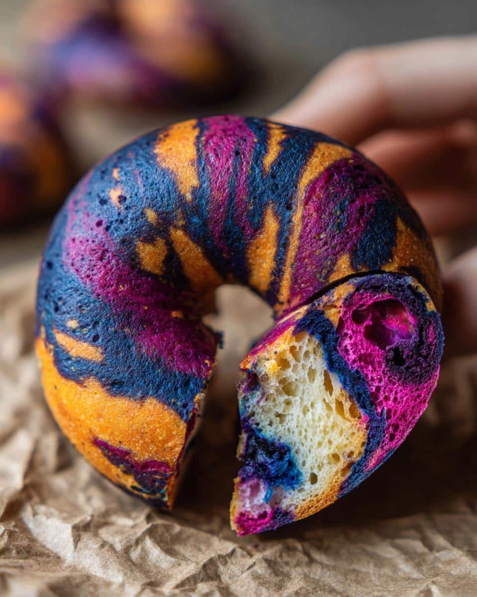 Failed Marbled Blueberry Bagels? Simple Fix 8 Close-up of a sliced marbled blueberry bagel showing the colorful dough and soft interior.