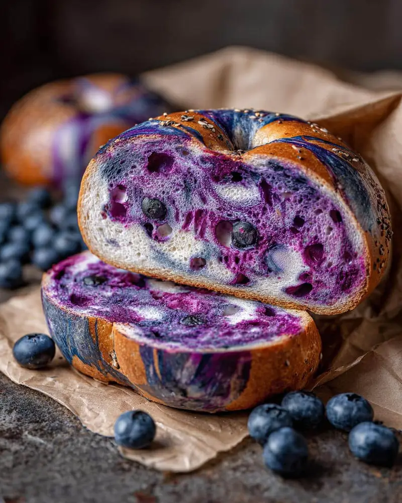 Failed Marbled Blueberry Bagels? Simple Fix 6 Close-up of sliced Marbled Blueberry Bagels showing the vibrant purple swirls and fresh blueberries.