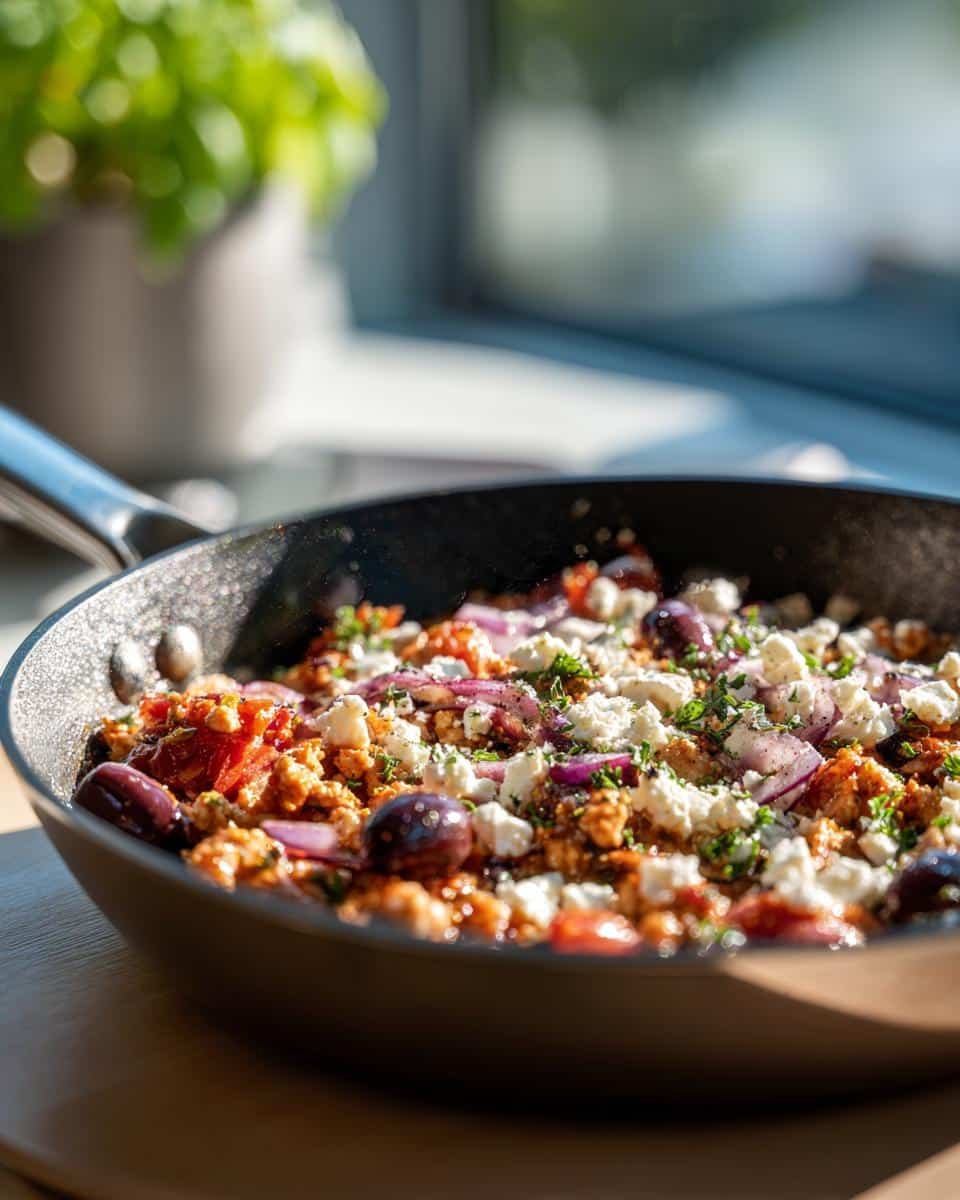 Mediterranean Keto Ground Chicken Skillet: 20 Min Win 6 Close-up of Mediterranean Keto Ground Chicken Skillet with feta, olives, and red onion in a pan.