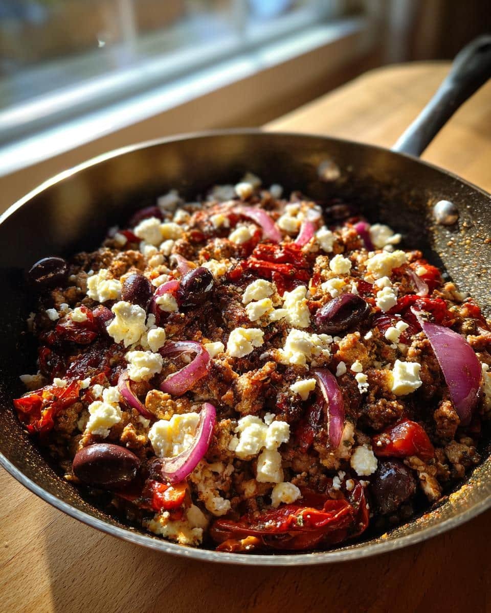 Mediterranean Keto Ground Chicken Skillet: 20 Min Win 7 Mediterranean Keto Ground Chicken Skillet with olives, feta, red onions, and tomatoes in a pan.