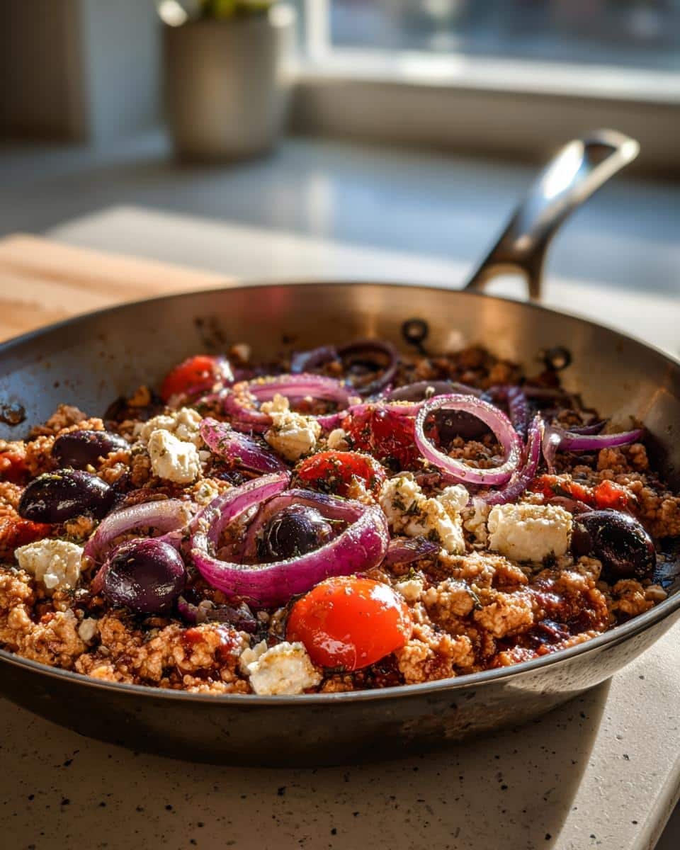 Mediterranean Keto Ground Chicken Skillet: 20 Min Win 8 A skillet filled with Mediterranean Keto Ground Chicken, tomatoes, olives, red onions, and feta cheese.