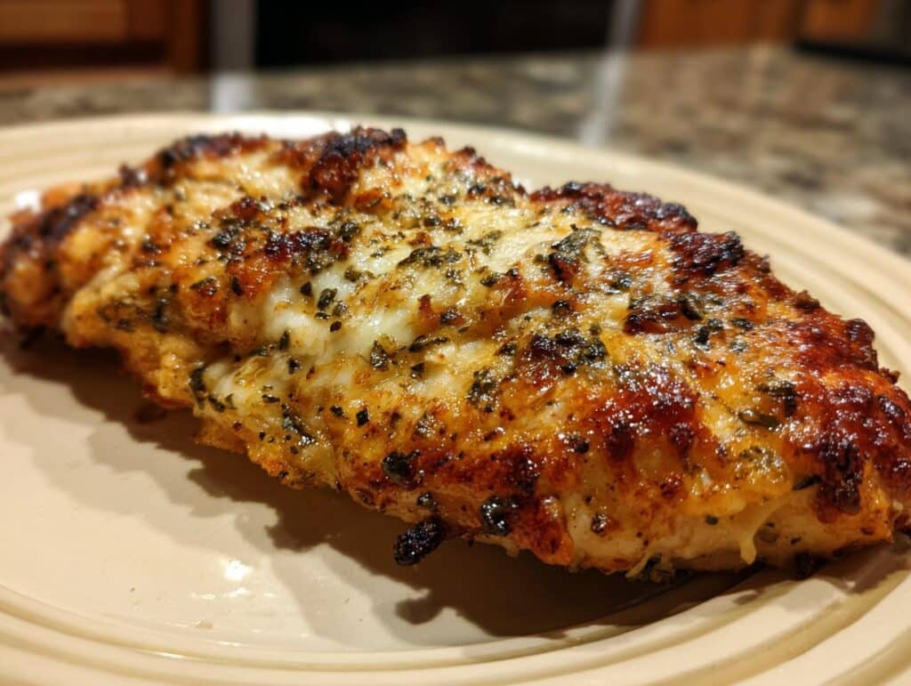 A perfectly cooked Melt In Your Mouth Chicken Breast, golden brown and seasoned, sits on a plate.